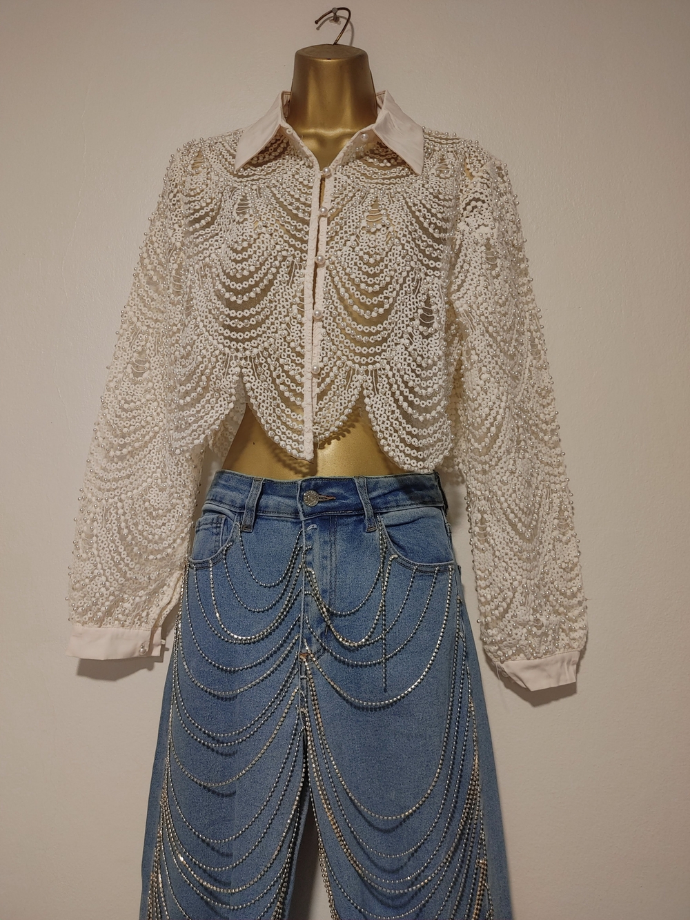 Beaded Ivory Cropped Button-Up Blouse